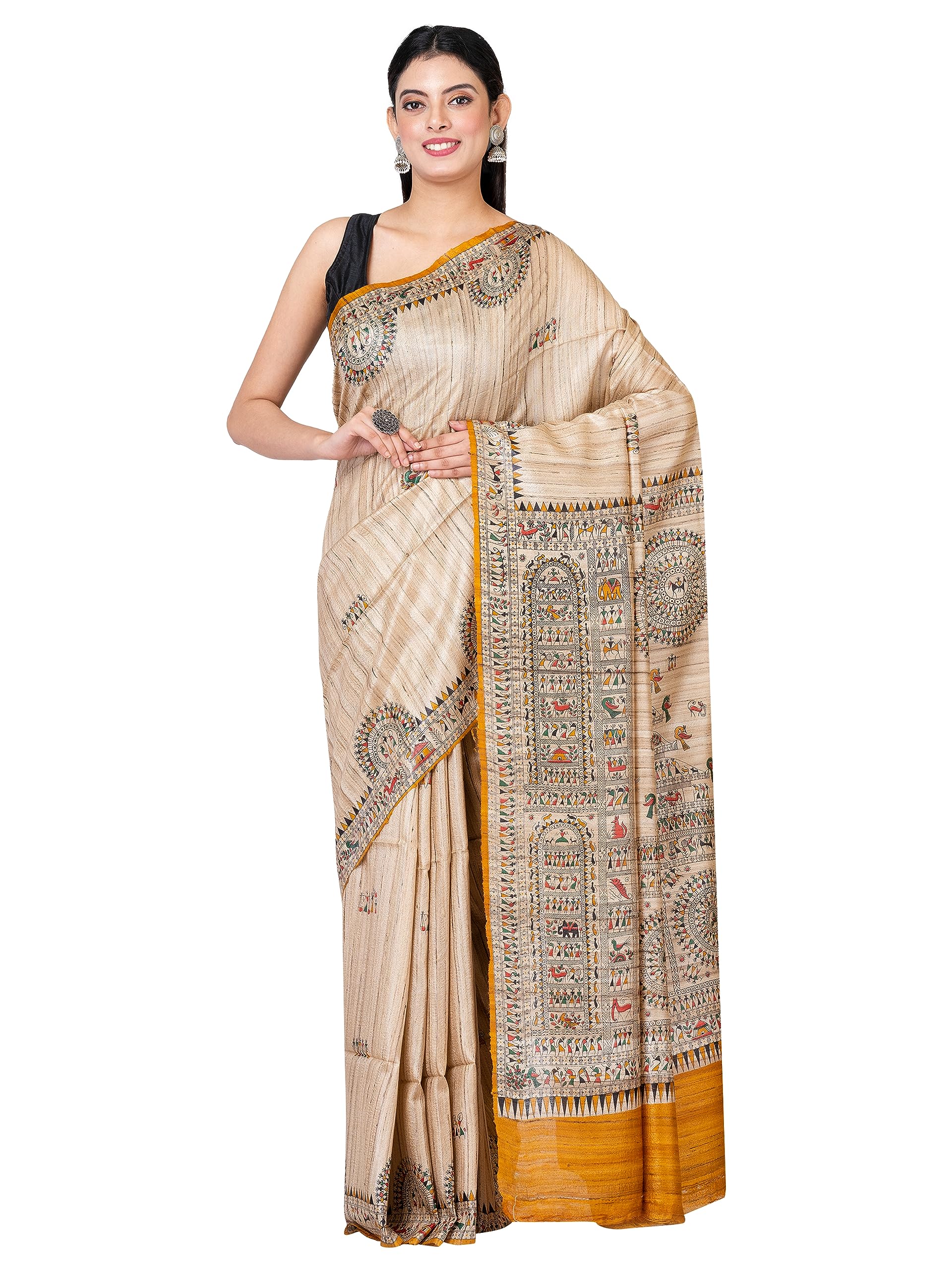 RACHBAI Tussar ghicha warli printed handwoven pure silk saree with Unstitch blouse & silk mark certified (beige, mustard & multicolore)