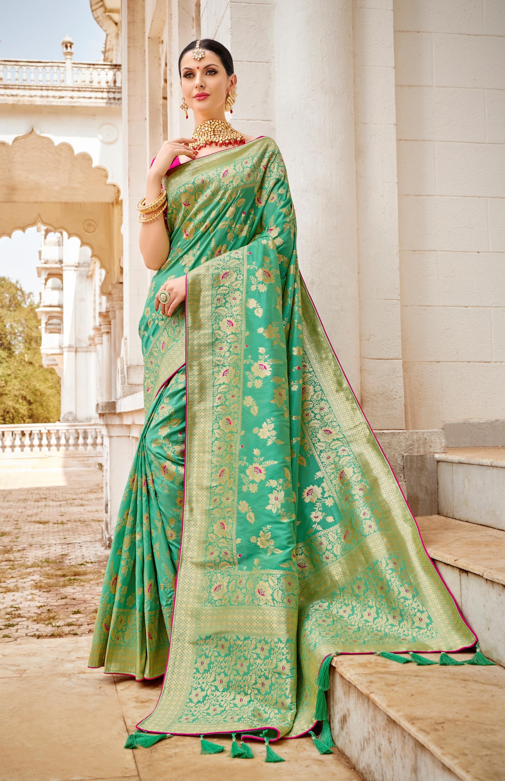 Monjolika Fashion Women's Woven Silk Saree With Blouse Piece (37769_Color_Light Green) - Image 8