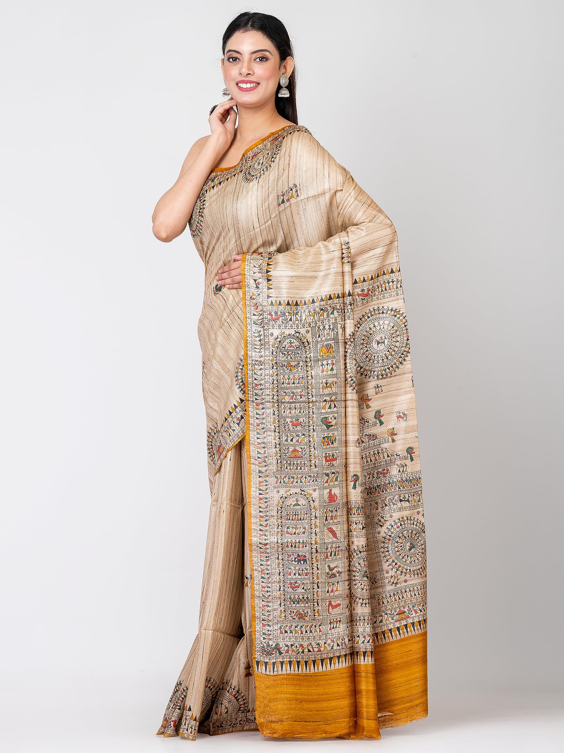 RACHBAI Tussar ghicha warli printed handwoven pure silk saree with Unstitch blouse & silk mark certified (beige, mustard & multicolore) - Image 6