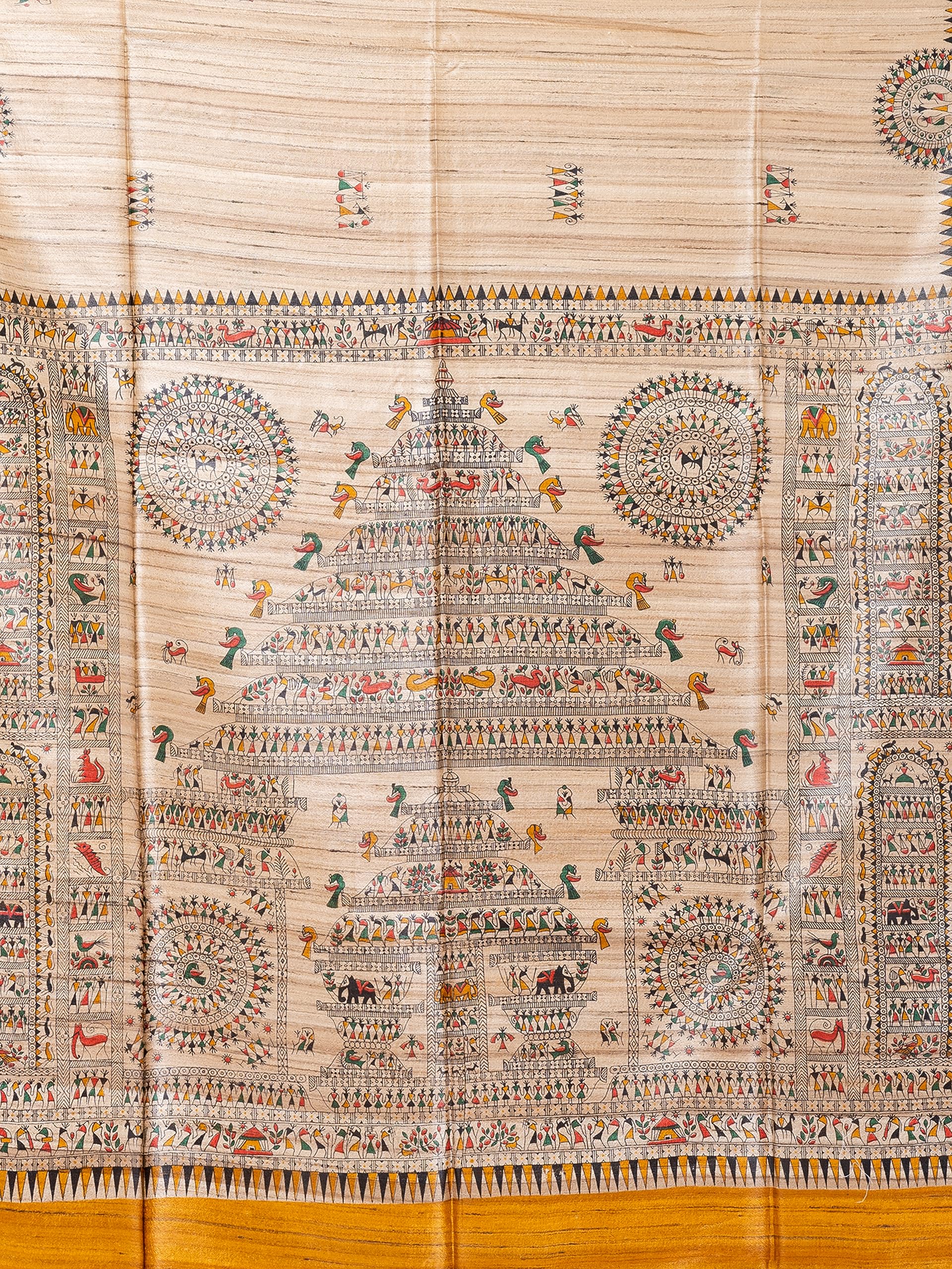 RACHBAI Tussar ghicha warli printed handwoven pure silk saree with Unstitch blouse & silk mark certified (beige, mustard & multicolore) - Image 4