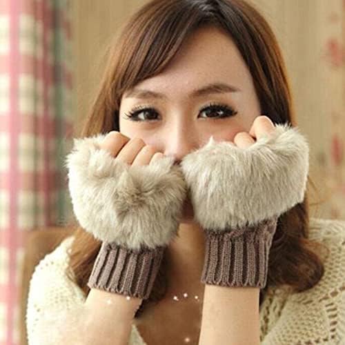 Alexvyan Brown Faux Rabbit Fur Mittens Women Fingerless Gloves knitted Arm Sleeves Winter Warmer Button Design for Women Girls - Image 7