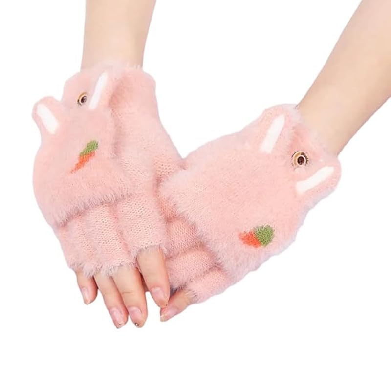 Kolva Half Finger Winter Gloves for Women and Girls Soft Plush Angora Wool Knitted Mitten Short Glove Girls Boys Woolen Fingerless Warm Winter Hand Gloves (Pink)