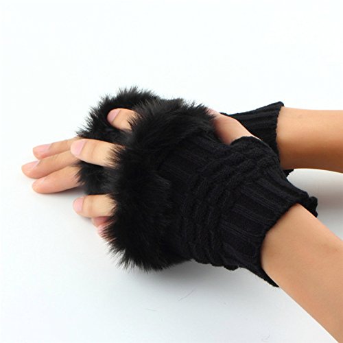 Bold N Elegant Black Faux Rabbit Hair Fur and Wool Knitted Winter Thermal Warm and Comfortable Fingerless Gloves Mittens Winter Accessories Hand Warmer Gloves for Women and Girls - Image 5