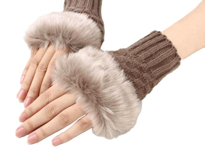 Alexvyan Brown Faux Rabbit Fur Mittens Women Fingerless Gloves knitted Arm Sleeves Winter Warmer Button Design for Women Girls - Image 8