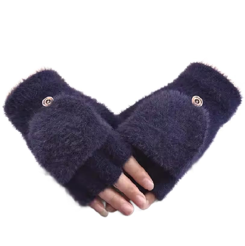 THE DDS STORE Women’s Thermal Knit Fingerless Gloves with Convertible Mitten Cover Winter Warm Half Finger Gloves (Blue, Free Size)