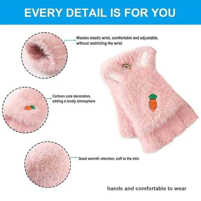 Kolva Half Finger Winter Gloves for Women and Girls Soft Plush Angora Wool Knitted Mitten Short Glove Girls Boys Woolen Fingerless Warm Winter Hand Gloves (Pink) - Image 5