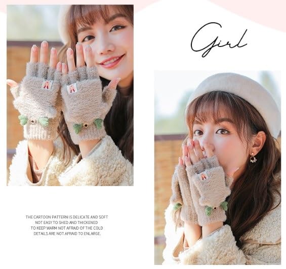FashionIO� Windproof Fashion Convertible Woman Christmas Gloves Winter Warm Feather Fingerless Gloves with Mitten Cover Brown Color - Image 2