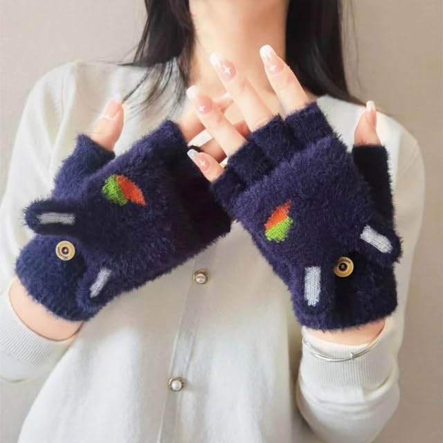 Winter Gloves for Women Fashion Knitted Hand Gloves | Soft Acrylic Wool Half Finger Warm Mitten Gloves for Boys and Girls Fingerless Rabbit Ears Glove(Blue) - Image 3