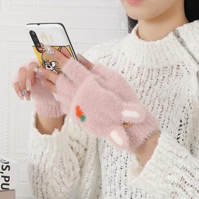 Kolva Half Finger Winter Gloves for Women and Girls Soft Plush Angora Wool Knitted Mitten Short Glove Girls Boys Woolen Fingerless Warm Winter Hand Gloves (Pink) - Image 3