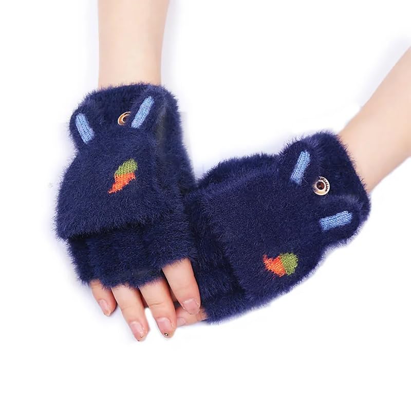 Winter Gloves for Women Fashion Knitted Hand Gloves | Soft Acrylic Wool Half Finger Warm Mitten Gloves for Boys and Girls Fingerless Rabbit Ears Glove(Blue)