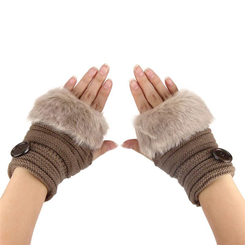 Alexvyan Brown Faux Rabbit Fur Mittens Women Fingerless Gloves knitted Arm Sleeves Winter Warmer Button Design for Women Girls - Image 3