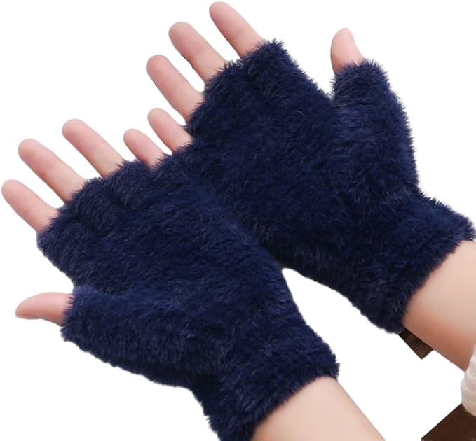 THE DDS STORE Women’s Thermal Knit Fingerless Gloves with Convertible Mitten Cover Winter Warm Half Finger Gloves (Blue, Free Size) - Image 5
