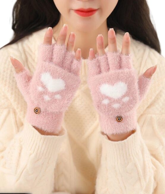 Women Woolen Gloves Half Finger Acrylic Angora Wool Knitted Plush Winter Mitten Gloves for Girls and Boys Casual Warm Fingerless Hand Gloves Free Size Peach