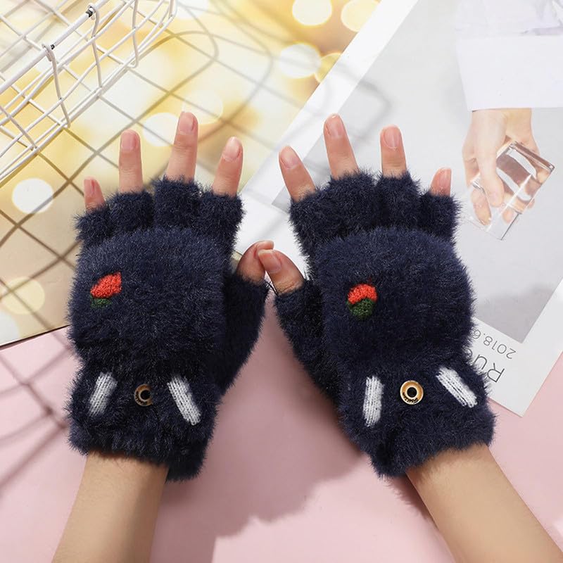 Winter Gloves for Women Fashion Knitted Hand Gloves | Soft Acrylic Wool Half Finger Warm Mitten Gloves for Boys and Girls Fingerless Rabbit Ears Glove(Blue) - Image 2