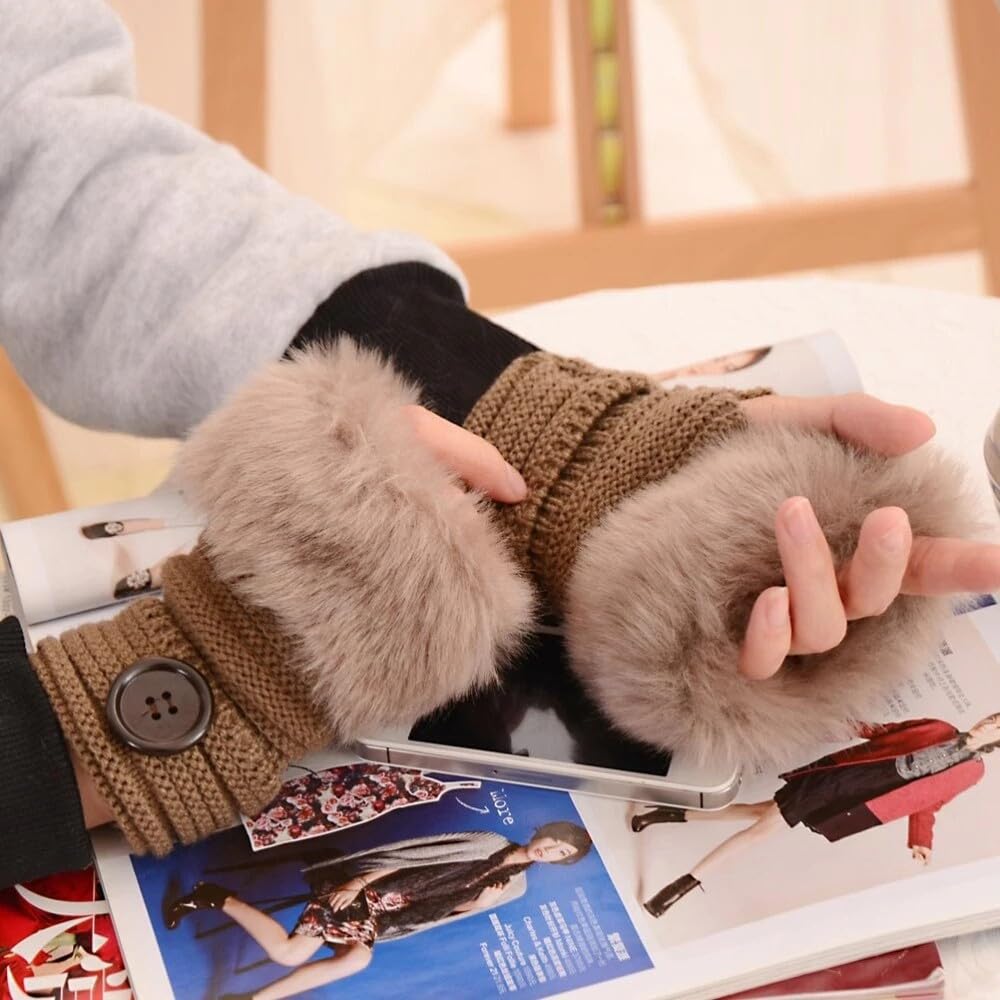 Alexvyan Brown Faux Rabbit Fur Mittens Women Fingerless Gloves knitted Arm Sleeves Winter Warmer Button Design for Women Girls - Image 2
