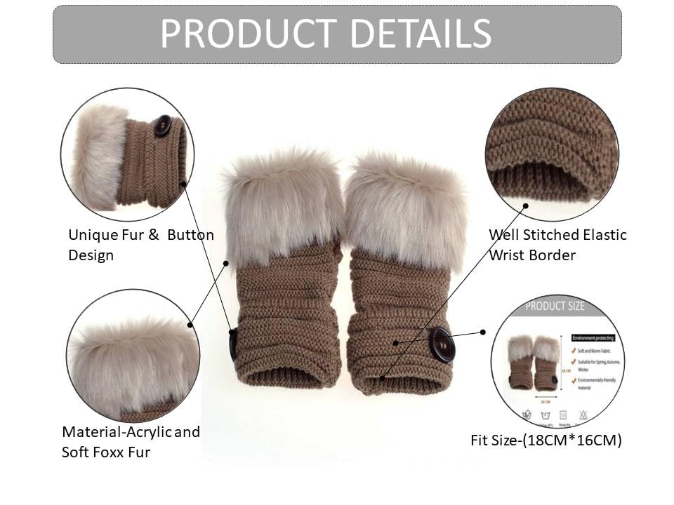Alexvyan Brown Faux Rabbit Fur Mittens Women Fingerless Gloves knitted Arm Sleeves Winter Warmer Button Design for Women Girls - Image 5