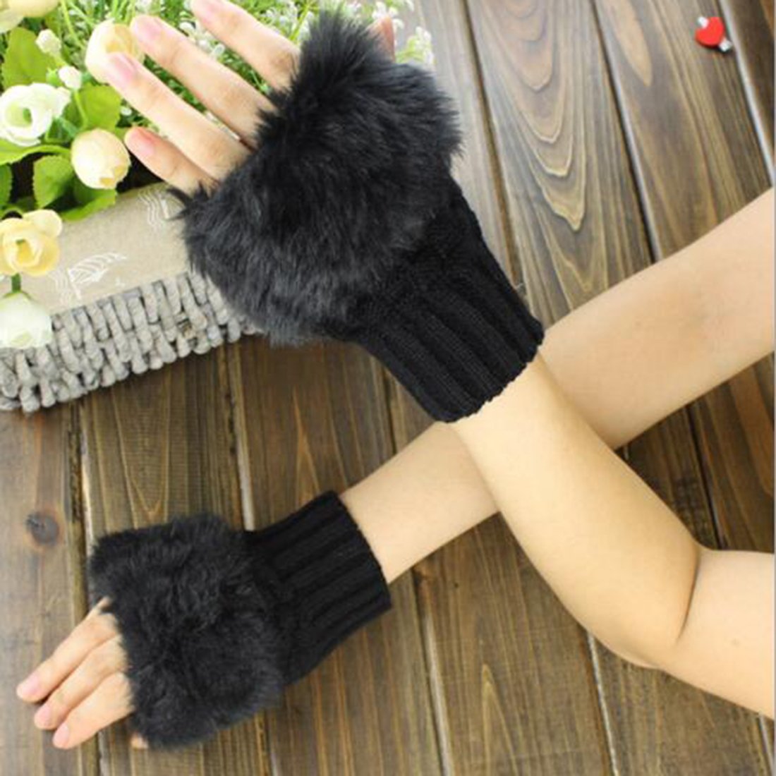 Bold N Elegant Black Faux Rabbit Hair Fur and Wool Knitted Winter Thermal Warm and Comfortable Fingerless Gloves Mittens Winter Accessories Hand Warmer Gloves for Women and Girls - Image 4