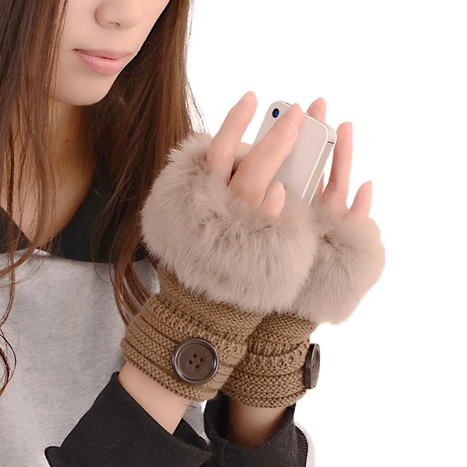Alexvyan Brown Faux Rabbit Fur Mittens Women Fingerless Gloves knitted Arm Sleeves Winter Warmer Button Design for Women Girls