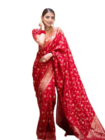 Indian Silk Palace Women's Kanjivaram Pure Soft Banarasi Hadwa Print Silk Saree With Reach Zari Weaving Having Fancy Latkan With Blouses Piecs For Wedding - isp v51_1