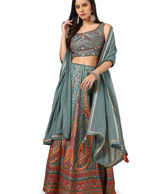 Soch Womens Grey Brocade Ghagra Choli With Cutdana
