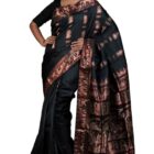 Bengal looms India Weaves of Elegance Handwoven Swarnachari Pure Silk Saree in Black, Off White and Copper