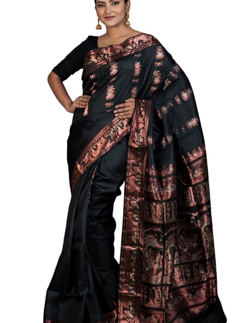 Bengal looms India Weaves of Elegance Handwoven Swarnachari Pure Silk Saree in Black, Off White and Copper