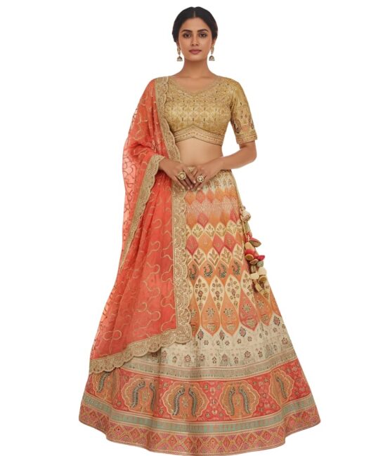 Bridal Lehenga Choli Set, Peach and Gold, Embroidered Silk, 3-Piece Ensemble with Dupatta