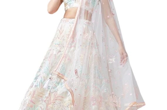 Zeel Clothing Women's Sequins Embroidered Soft Net Readymade Lehenga Choli With Dupatta (6032-Off-White-Wedding-Stylish-Lehenga-Choli-Latest; Free Size)