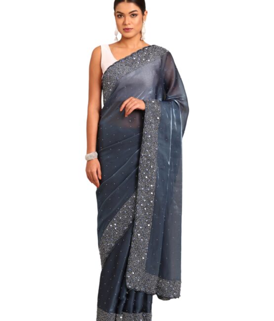 MOHEY Grey Organza Embroidery|Stone Work Saree for Women