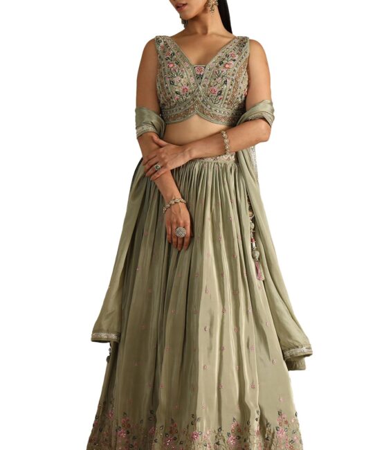 Soch Womens Sap Green Crepe Embroidered Lehenga Choli With Mirror and Cutdana