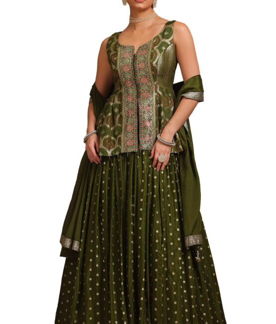Soch Womens Olive Brocade Woven Design Ghagra Choli With Cutdana