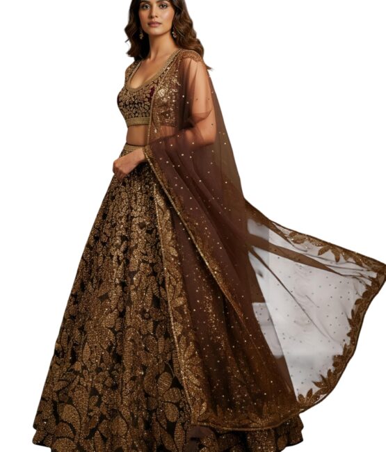 Zeel Clothing Women's Sequins Embroidered Soft Net Lehenga Choli With Dupatta (5106-Brown-Womens-Lehenga-Choli-Latest; Free size) (Brown)