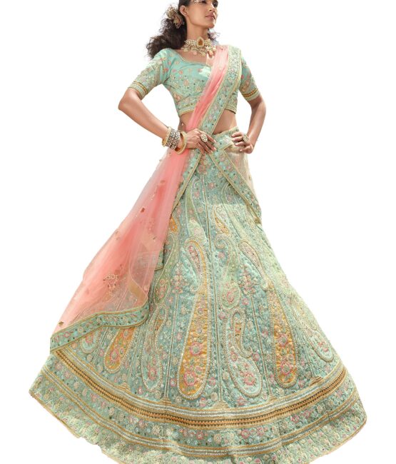FUSIONIC fantastic zarkan and zari Work turquoise Color Lehenga Choli For Women