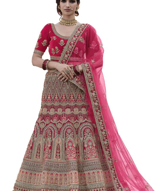 FUSIONIC Women Velvet Lehenga Choli Semi-Stitched Pink Free Size